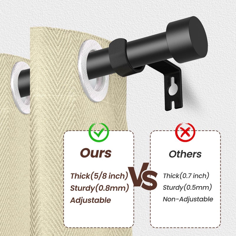 Poskena Black Curtain Rods for Windows 28 to 48 Inch,5/8 Inch Diameter Heavy Duty Metal Stainless Steel Drapery Rods with Brackets,Modern Curtain Rod with Simple End Caps - Image 3