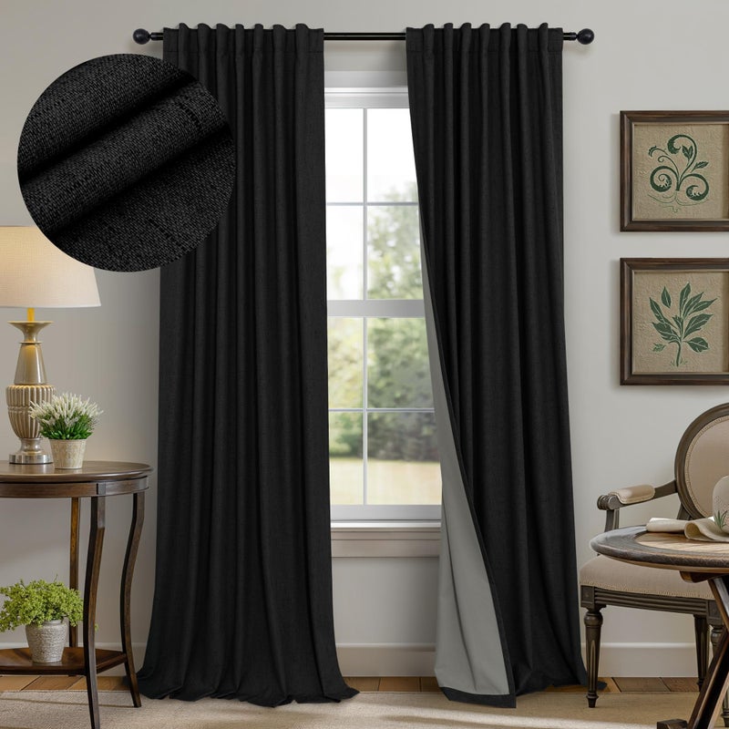 Pitalk Black Curtains 84 Inches Long for Bedroom 2 Panel Set Linen Textured Total Blackout Thermal Insulated Darkening Dark Curtains Black Out Shades for Living Room Floor Length Window Drape Back Tab Pocket - Image 1