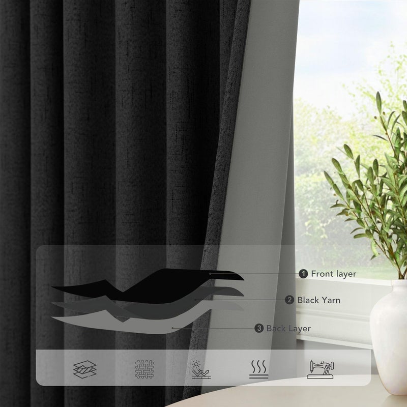Pitalk Black Curtains 84 Inches Long for Bedroom 2 Panel Set Linen Textured Total Blackout Thermal Insulated Darkening Dark Curtains Black Out Shades for Living Room Floor Length Window Drape Back Tab Pocket - Image 5