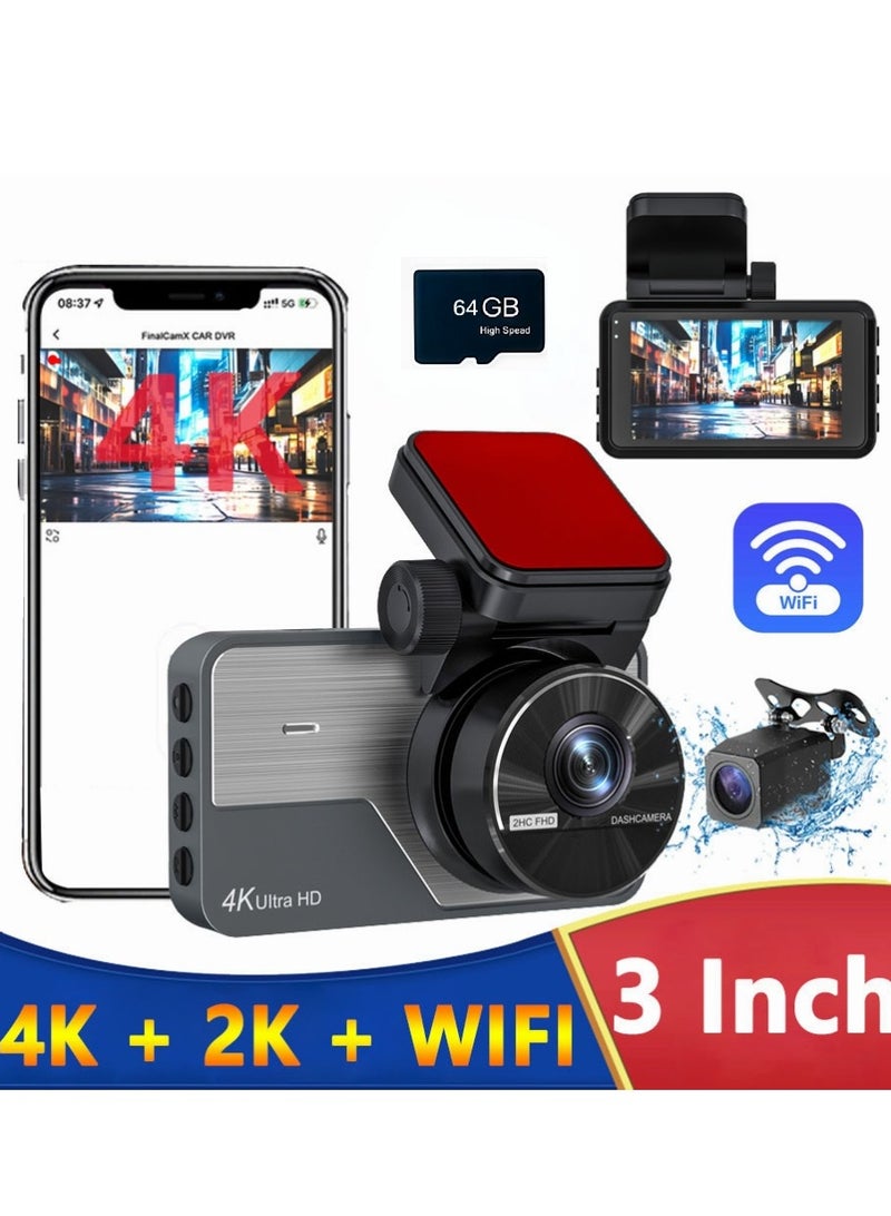 【كاميرا سيارة ثنائية بدقة 4K】 - كاميرا مزدوجة أمامية بدقة 4K فائقة الوضوح وخلفية بدقة 1080ب، مزودة ببطاقة ذاكرة 64GB، تدعم الاتصال اللاسلكي وتطبيق التحكم، مع رؤية ليلية ووضع انتظار واستشعار الصدمات والتسجيل الدائري وعدسة واسعة الزاوية 170 درجة. - Image 1