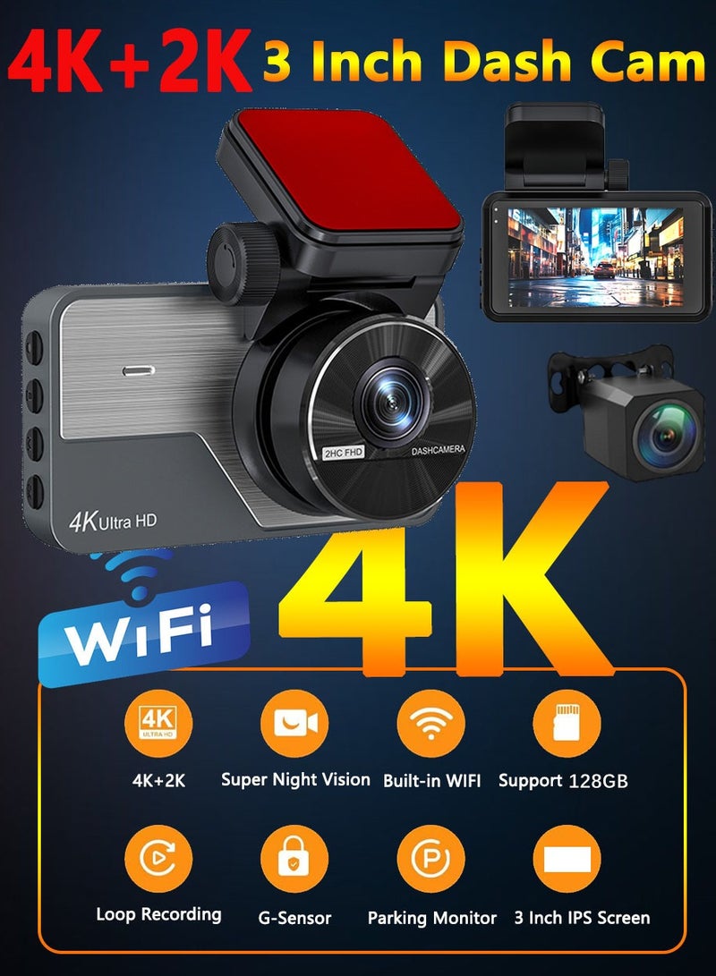 【كاميرا سيارة ثنائية بدقة 4K】 - كاميرا مزدوجة أمامية بدقة 4K فائقة الوضوح وخلفية بدقة 1080ب، مزودة ببطاقة ذاكرة 64GB، تدعم الاتصال اللاسلكي وتطبيق التحكم، مع رؤية ليلية ووضع انتظار واستشعار الصدمات والتسجيل الدائري وعدسة واسعة الزاوية 170 درجة. - Image 2