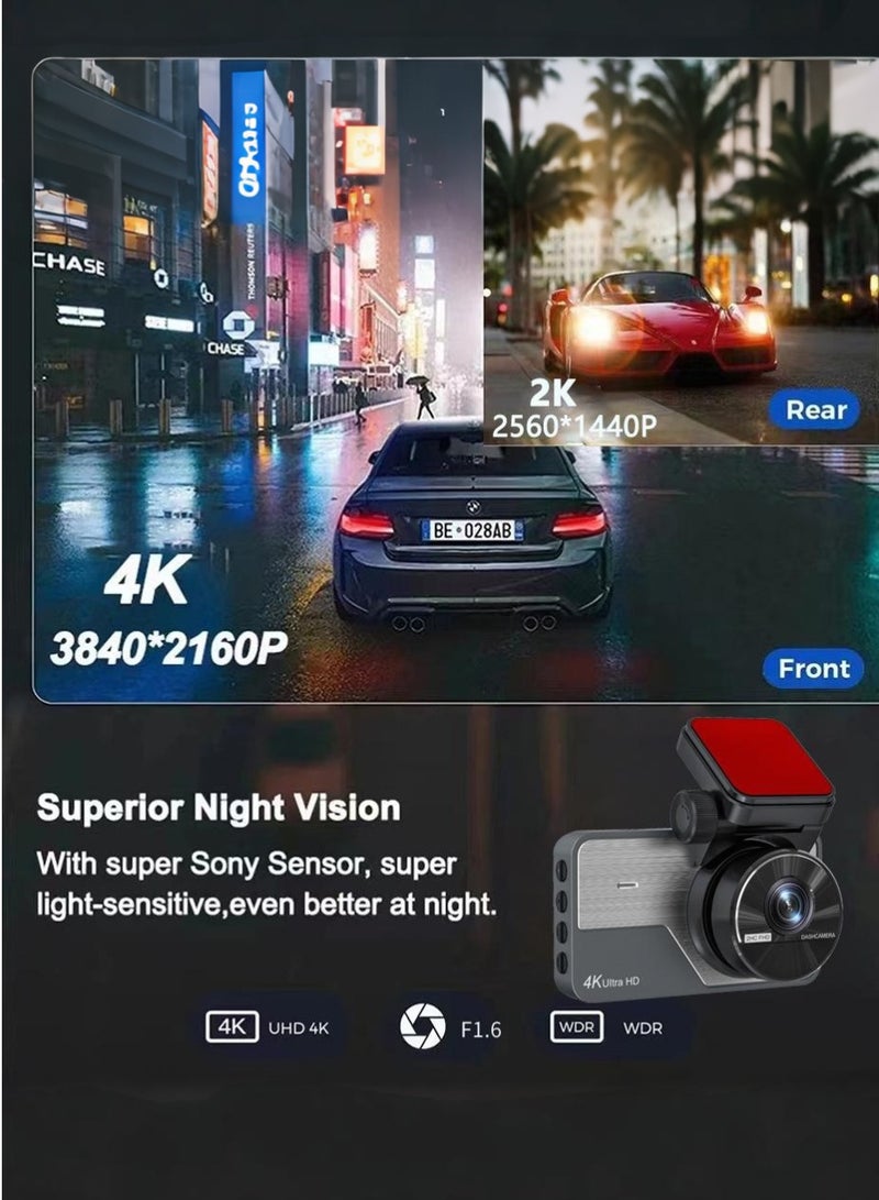 【كاميرا سيارة ثنائية بدقة 4K】 - كاميرا مزدوجة أمامية بدقة 4K فائقة الوضوح وخلفية بدقة 1080ب، مزودة ببطاقة ذاكرة 64GB، تدعم الاتصال اللاسلكي وتطبيق التحكم، مع رؤية ليلية ووضع انتظار واستشعار الصدمات والتسجيل الدائري وعدسة واسعة الزاوية 170 درجة. - Image 4