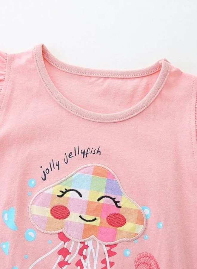 YUNIQEE Peach Crew Neck Cap Sleeve Printed Tshirt & Shorts