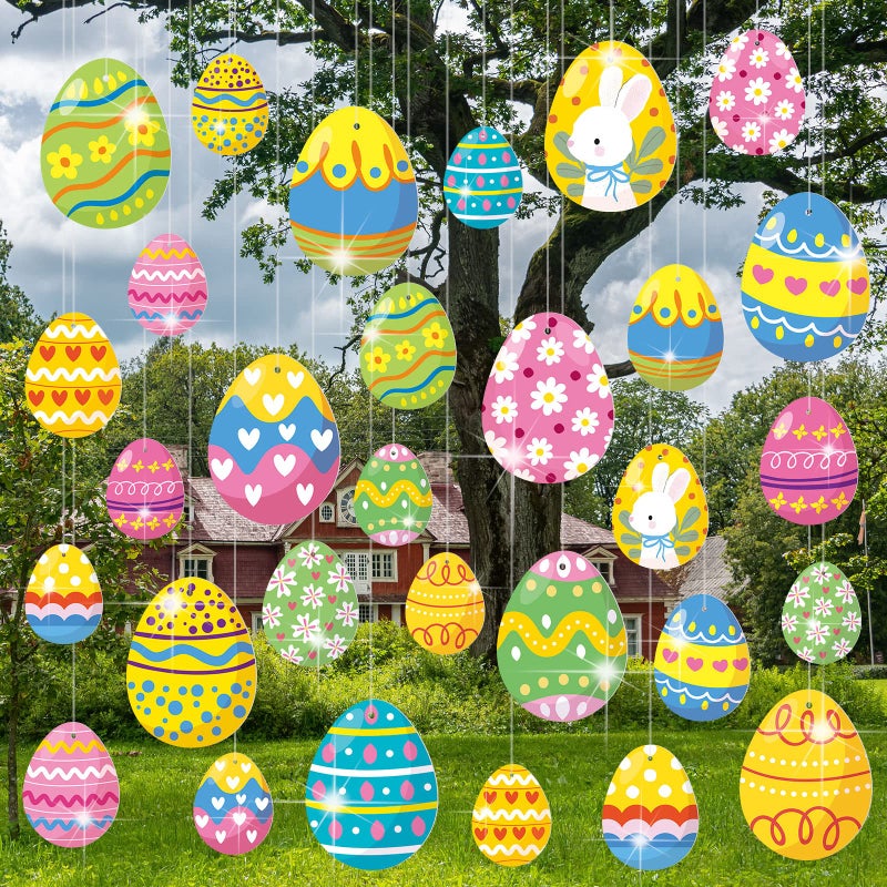 Marsui 30 Pcs Easter Egg Outdoor Decorations Colorful Easter Tree Hanging Ornament Outdoor Lawn Decorations for Porch Tree Yard Lawn Party 3 Sizes