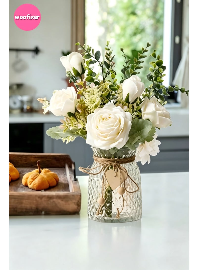 Woofixer Artificial White Rose Bouquet with Eucalyptus Fake Flowers Realistic Faux Roses Home Decor Wedding Table Centerpiece Bedroom Desk Decoration Photography Props No Vase - Image 1