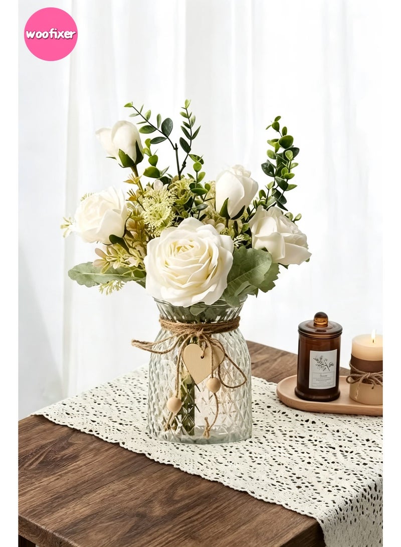 Woofixer Artificial White Rose Bouquet with Eucalyptus Fake Flowers Realistic Faux Roses Home Decor Wedding Table Centerpiece Bedroom Desk Decoration Photography Props No Vase - Image 2