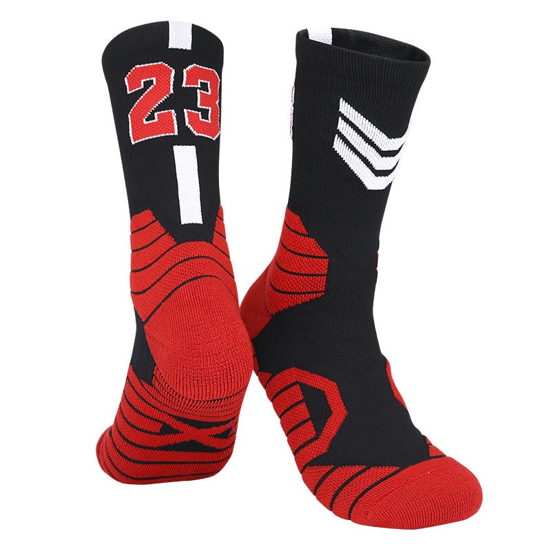 Generic Factory digital professional basketball socks mens thick tube socks childrens socks non-slip high towel bottom sports socks Bulls-Black and White 23