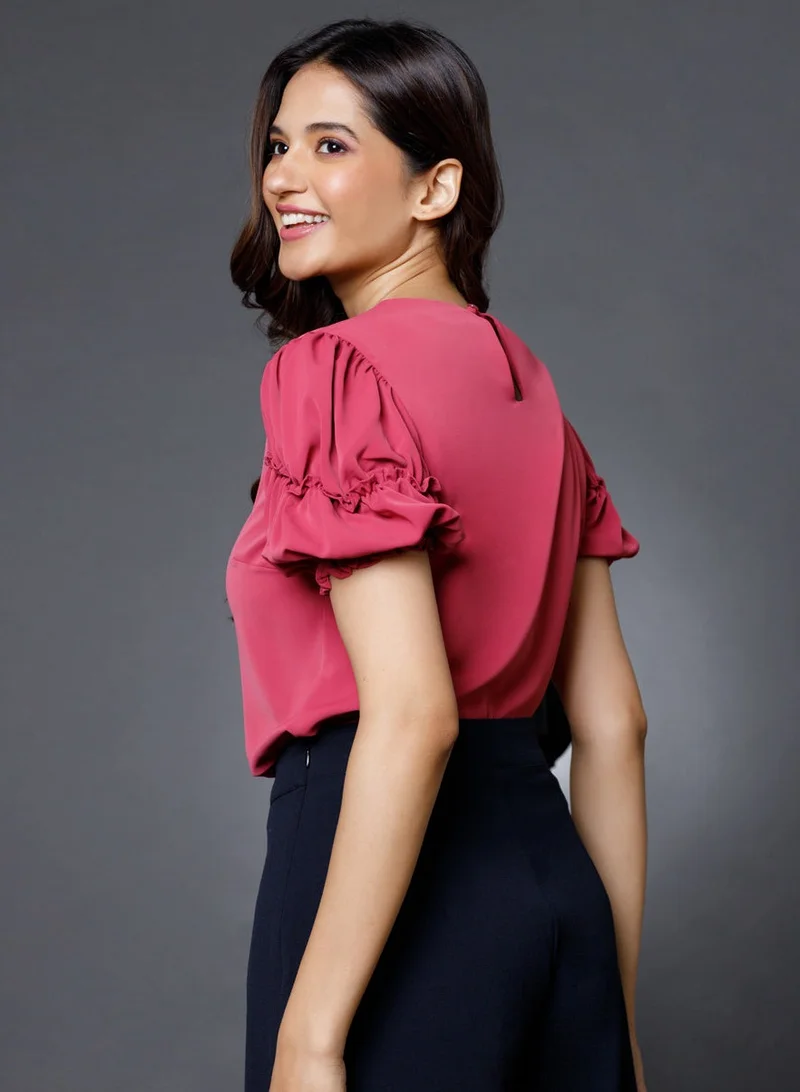 Zigzag Sleeve Detailed Pink Round Neck Top