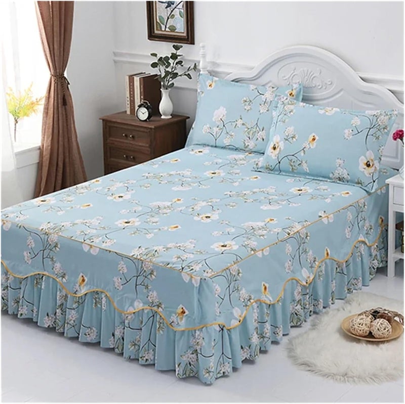 Wrap Around Bedding Skirt,Flower Print Bedskirt,3 Side Coverage Ruffle Bed with 2 Pillowcase(Color 1,120x200cm 3pcs) - Image 1