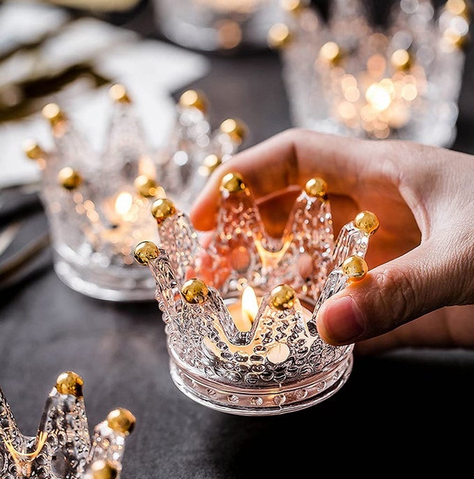CROWN GLASS TEALIGHT CANDLE HOLDER SET OF 12 VOTIVE CANDLE HOLDERS FOR WEDDING PARTY AND HOME DECOR GOLD TIPS