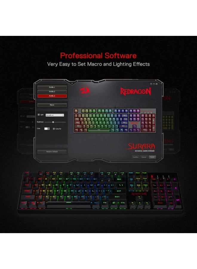 Redragon SU-RARA K582 RGB LED Backlit Mechanical Gaming Wired Keyboard with 104 Keys-Linear and Quiet-Red Switch, Black - Image 4