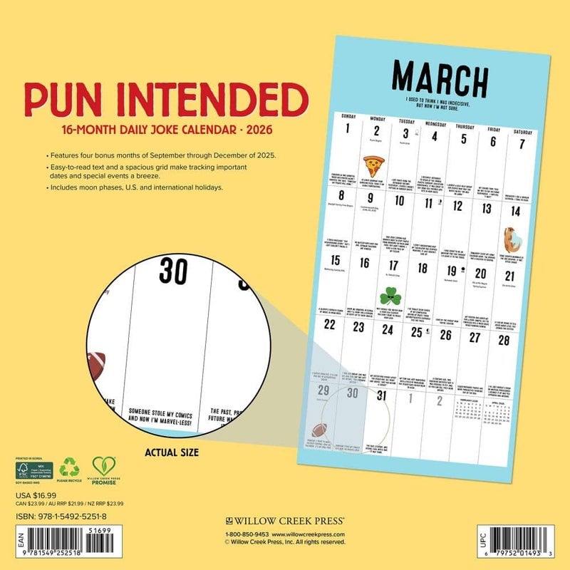 Willow Creek Press, Pun Intended 2026 Wall Calendar, 12'' X 12'', 16-Month Calendar with Stapled Binding - Image 2