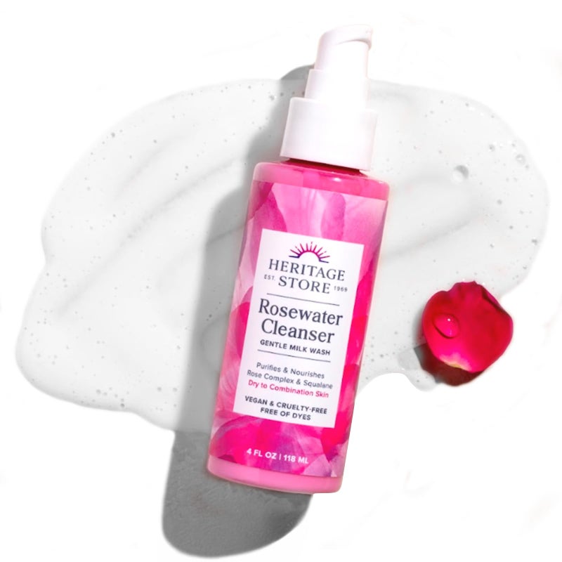 HERITAGE STORE Rosewater Facial Cleanser Milk Face Wash Purifies and Nourishes wSqualane Rose Complex Dry Skin to Combination Skin Care Hypoallergenic pH Balanced Vegan 60Day Guarantee 4oz