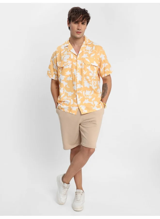 بيونغ Half Sleeve Patterned Hawaiian Shirt for Men Yellow