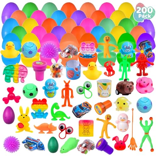 Cherislpy 200 Pack Prefilled Easter Eggs with Mini Novelty Squishy Fidget Toys Inside Assorted Toys Great for Kids Girls Boys Easter Party Favors Basket Stuffers Eggs Fillers - Image 1