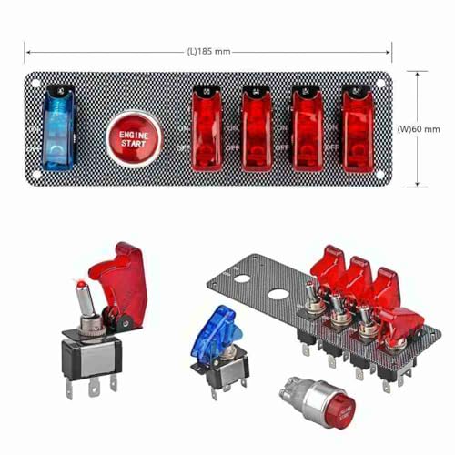 Jtron لوحة مفتاح الإشعال القابلة للرفع Jtron dc12v، 5 في 1 زر بدء تشغيل محرك السيارة مع زر تبديل LED للتنافس الرياضي (4 أحمر 1 أزرق) - Image 4
