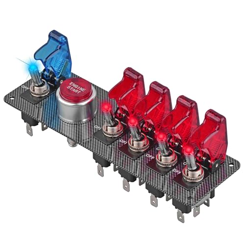 Jtron لوحة مفتاح الإشعال القابلة للرفع Jtron dc12v، 5 في 1 زر بدء تشغيل محرك السيارة مع زر تبديل LED للتنافس الرياضي (4 أحمر 1 أزرق) - Image 3