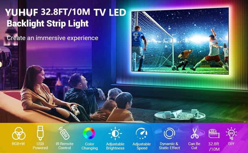 أضواء شريط LED بطول 10 متر/32.8 قدم، أضواء شريط LED RGB للإضاءة الخلفية للتلفزيون بحجم 40-60 بوصة، أضواء شريط RGB مع جهاز تحكم عن بعد، مجموعة أضواء LED USB للإضاءة الخلفية لغرفة النوم وشاشة الكمبيوتر والمرآة وخزانة المكتب - Image 5