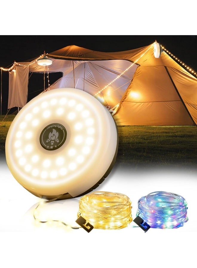 Camping String Lights Long 10m, 4 in 1 Quick Storage Rechargeable Tent Lights String with Lighting Modes, Hanging Waterproof Portable LED Lamp for Outdoor Patio Awning Garden Party Essentials (Warm - Image 1