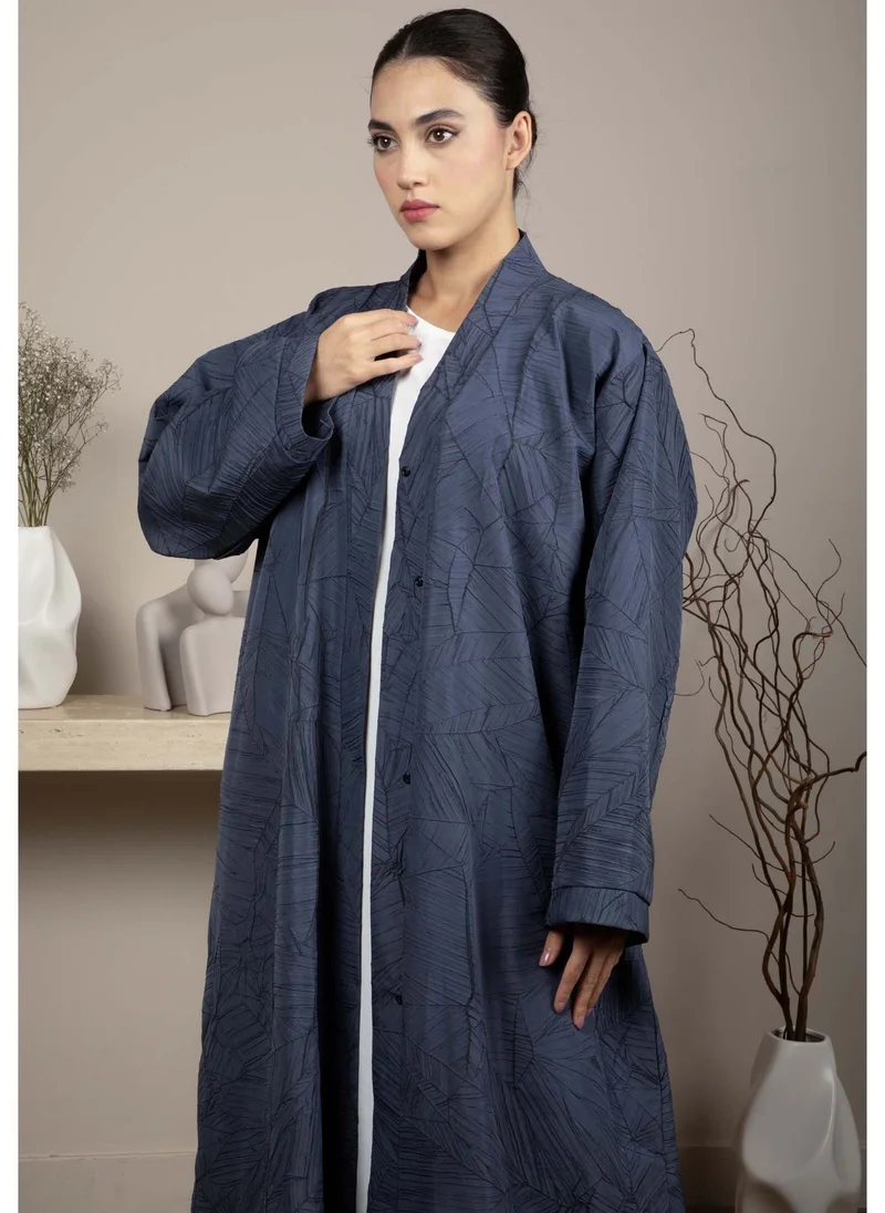 MSquare Fashion Dark Blue Grey Jacquard Abaya With Black Crushed Lines