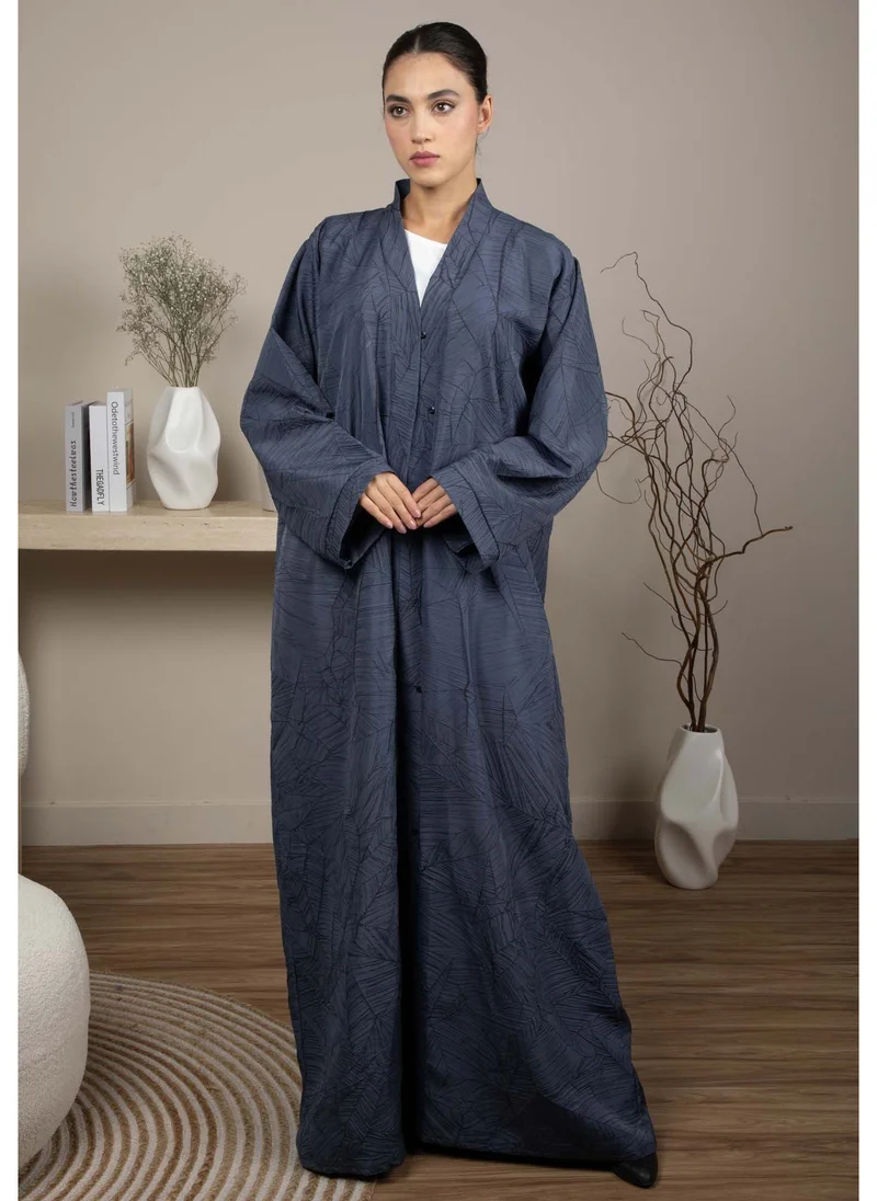 MSquare Fashion Dark Blue Grey Jacquard Abaya With Black Crushed Lines