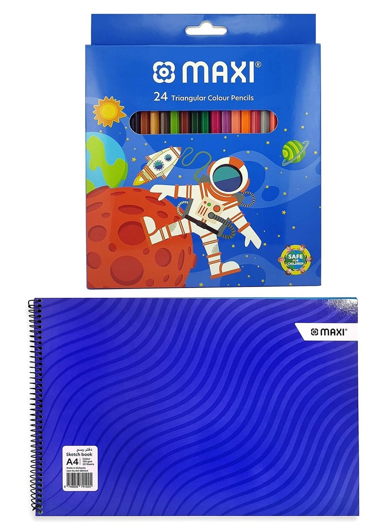 Maxi 24-Piece Colour Pencils With Sketch Book With Assorted Coloured Sheets - Image 1