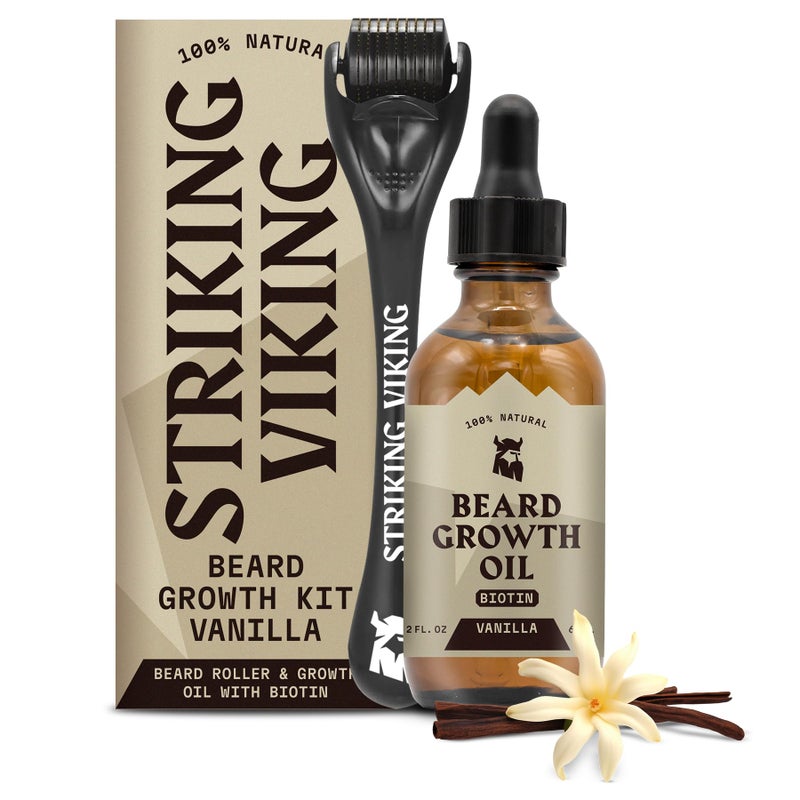 Striking Viking Striking Viking Beard Growth Kit for Men  Vanilla Scent  1 Fl Oz of Thickening  Conditioning Biotin Beard Growth Oil  1 Applicator  Naturally Derived Growth Serum with Argan  Jojoba Oil