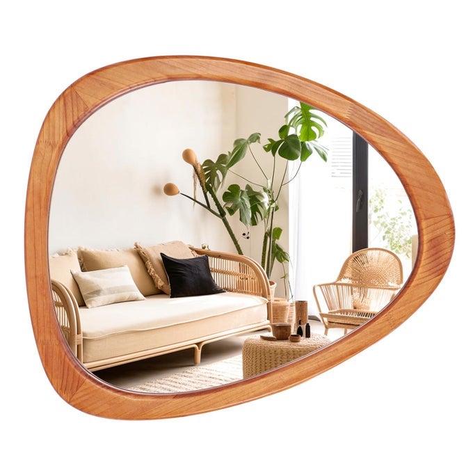 ASYMMETRICAL MIRROR IRREGULAR WALL MIRROR FOR BATHROOM WALL MIRRORS DECORATIVE FOR BEDROOM LIVING ROOM ENTRYWAY HALL WOOD FRAMED WALNUT MIRROR 23 H X 19 W