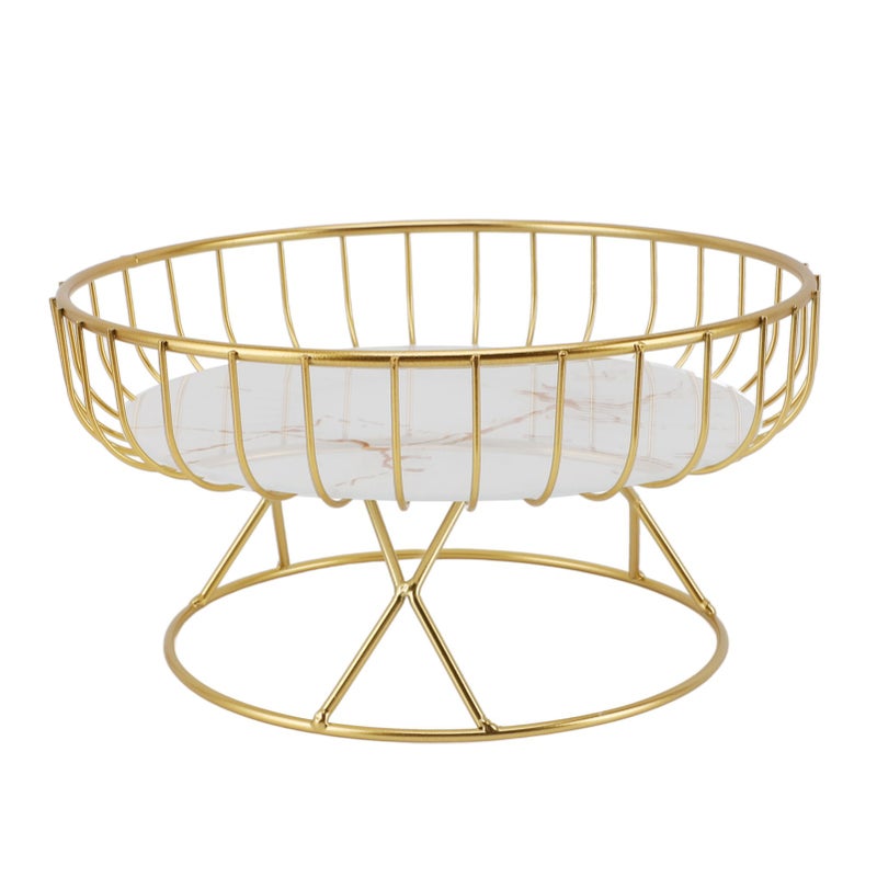 Round Fruit Basket Large Capacity Hollow Metal Fruit Bowl Stand for Dessert Snacks Bread S White Background with Gold Stripes - Image 2