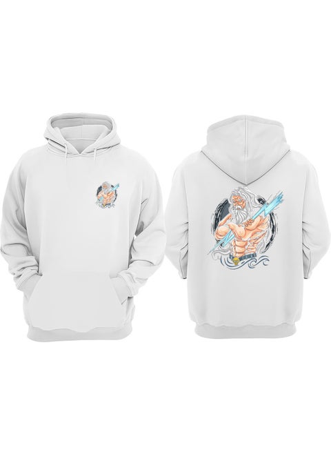 Thunder Zeus God Artwork Design Front Back Printed Regular Fit White Sweatshirt