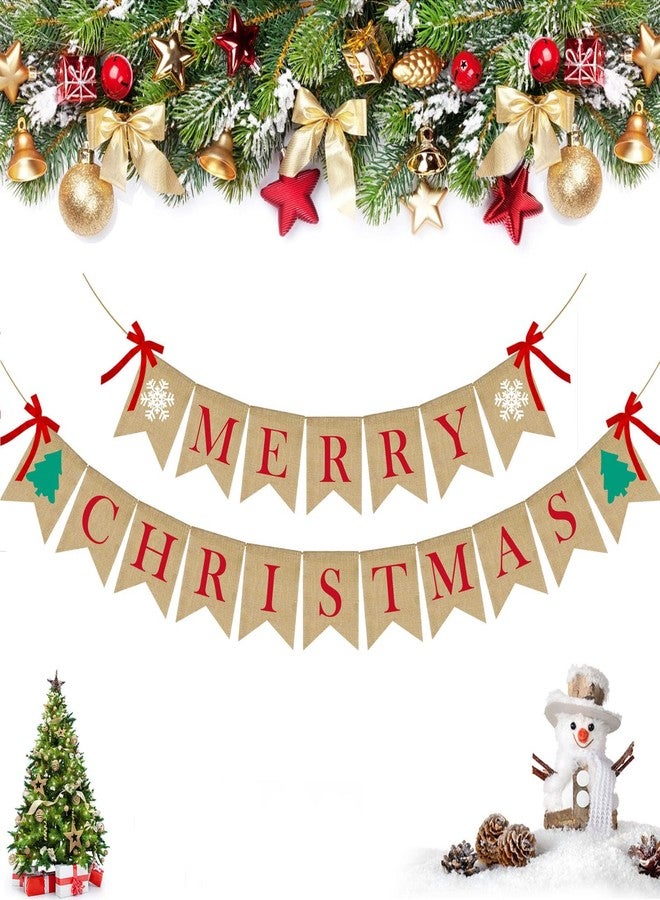 PACETAP Merry Christmas Burlap Banner with 4 Red Bows, Home Indoor Christmas Decorations for Fireplace, Chimney, Wall, Tree - Image 1