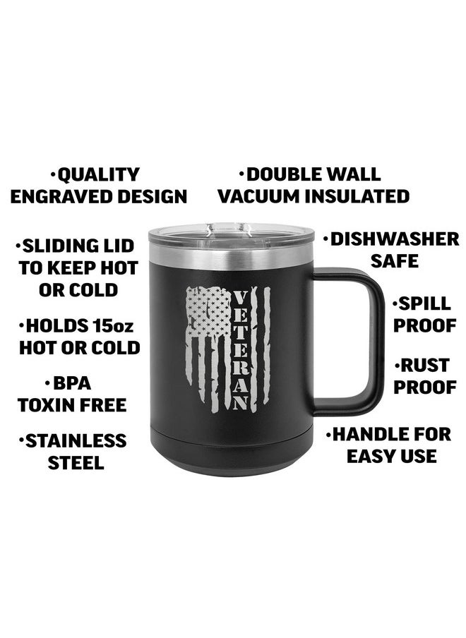 Rogue River Tactical - Rogue River Tactical USA Tattered American Flag Veteran Heavy Duty Stainless Steel Black Coffee Mug Tumbler With Lid Novelty Cup Great Gift Idea - Image 1
