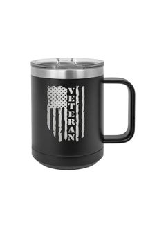 Rogue River Tactical USA Tattered American Flag Veteran Heavy Duty Stainless Steel Black Coffee Mug Tumbler With Lid Novelty Cup Great Gift Idea
