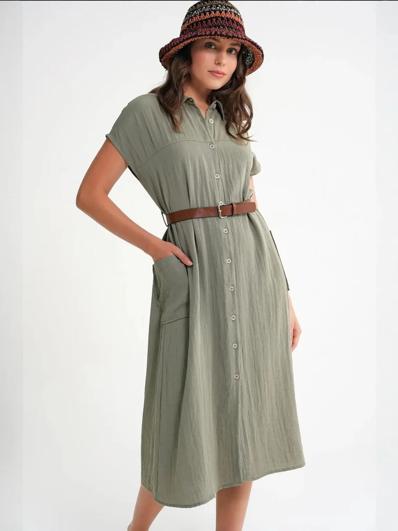 MixRay Khaki Green Mixray Midi Dress with Belt Detail and Buttoned Collar for Women | Best Price UAE