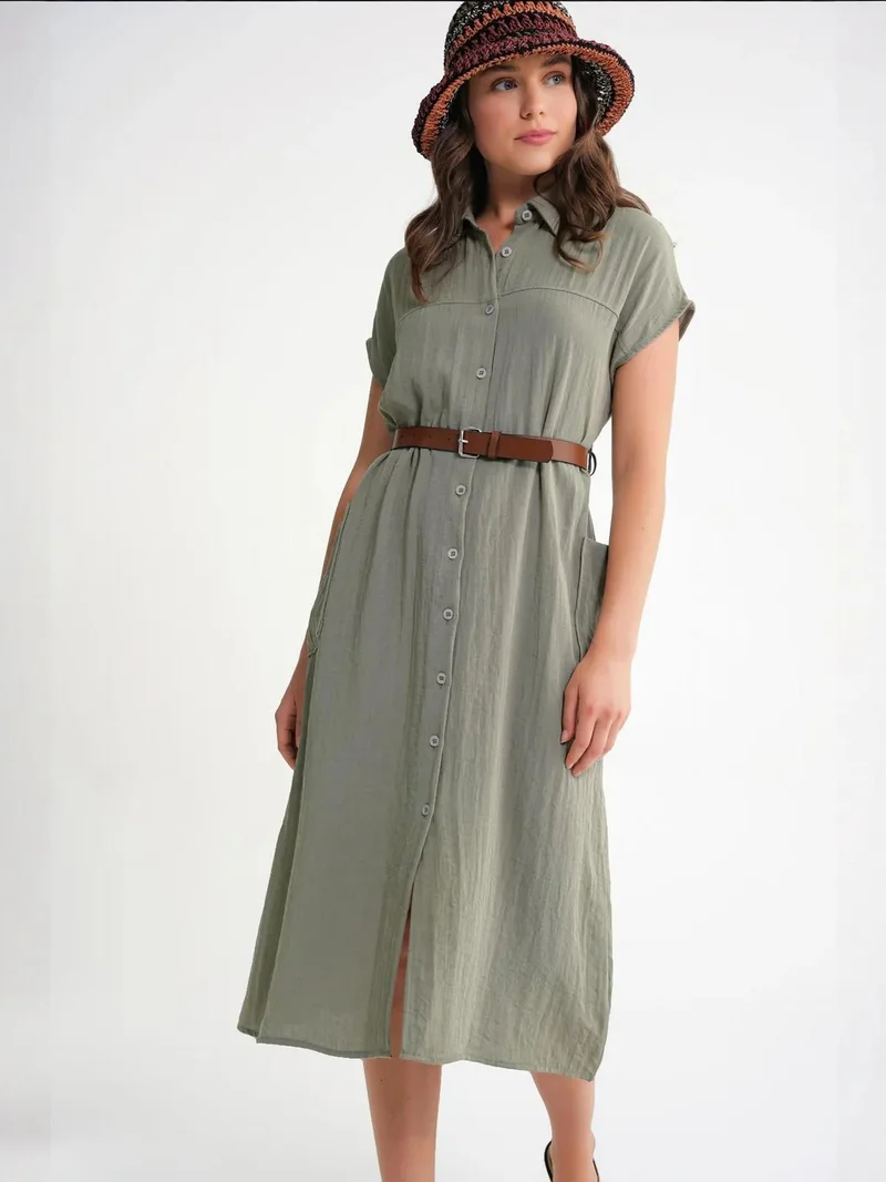 MixRay Mixray Midi Dress with Belt Detail and Buttoned Collar