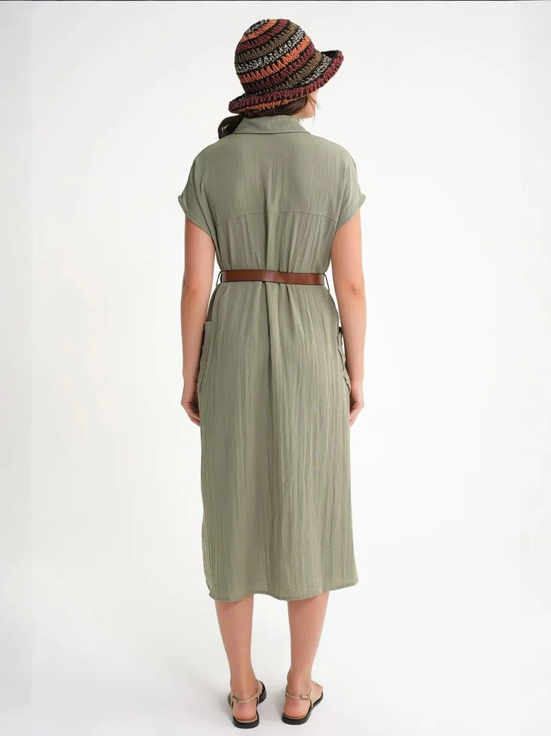 MixRay Khaki Green Mixray Midi Dress with Belt Detail and Buttoned Collar for Women | Best Price UAE