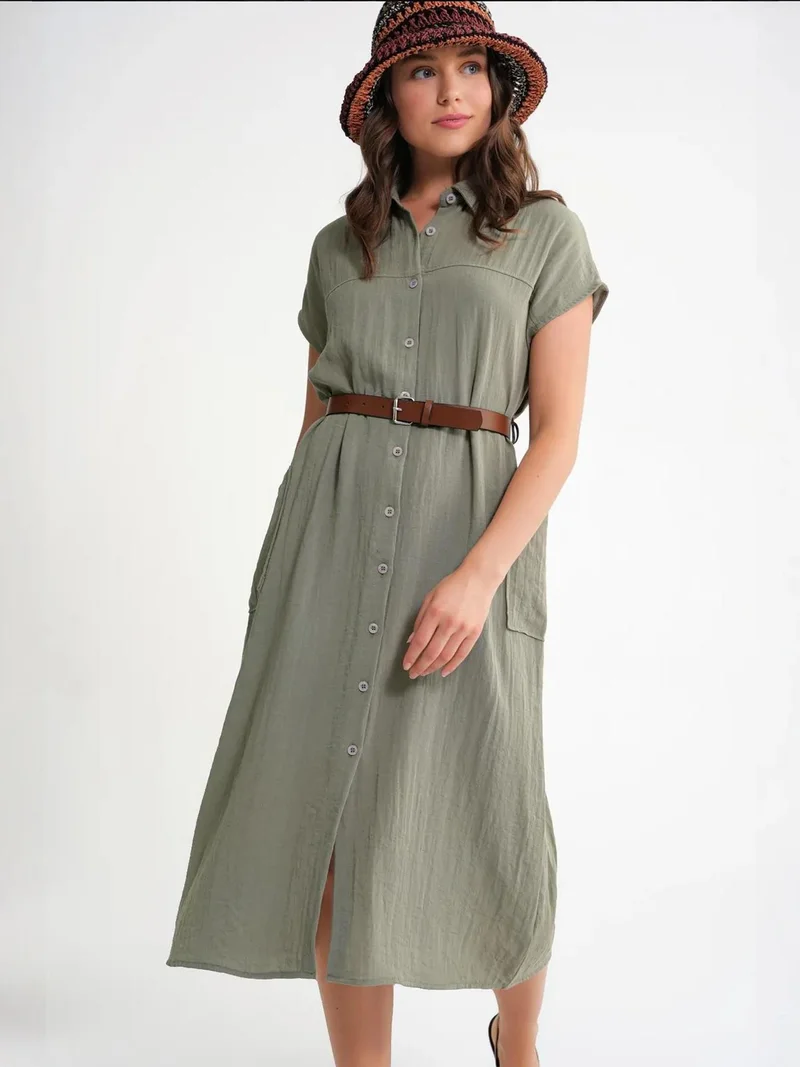 MixRay Khaki Green Mixray Midi Dress with Belt Detail and Buttoned Collar for Women | Best Price UAE