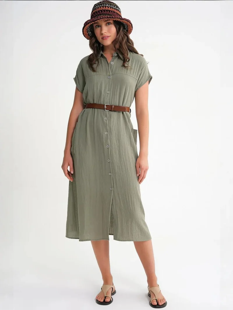MixRay Mixray Midi Dress with Belt Detail and Buttoned Collar