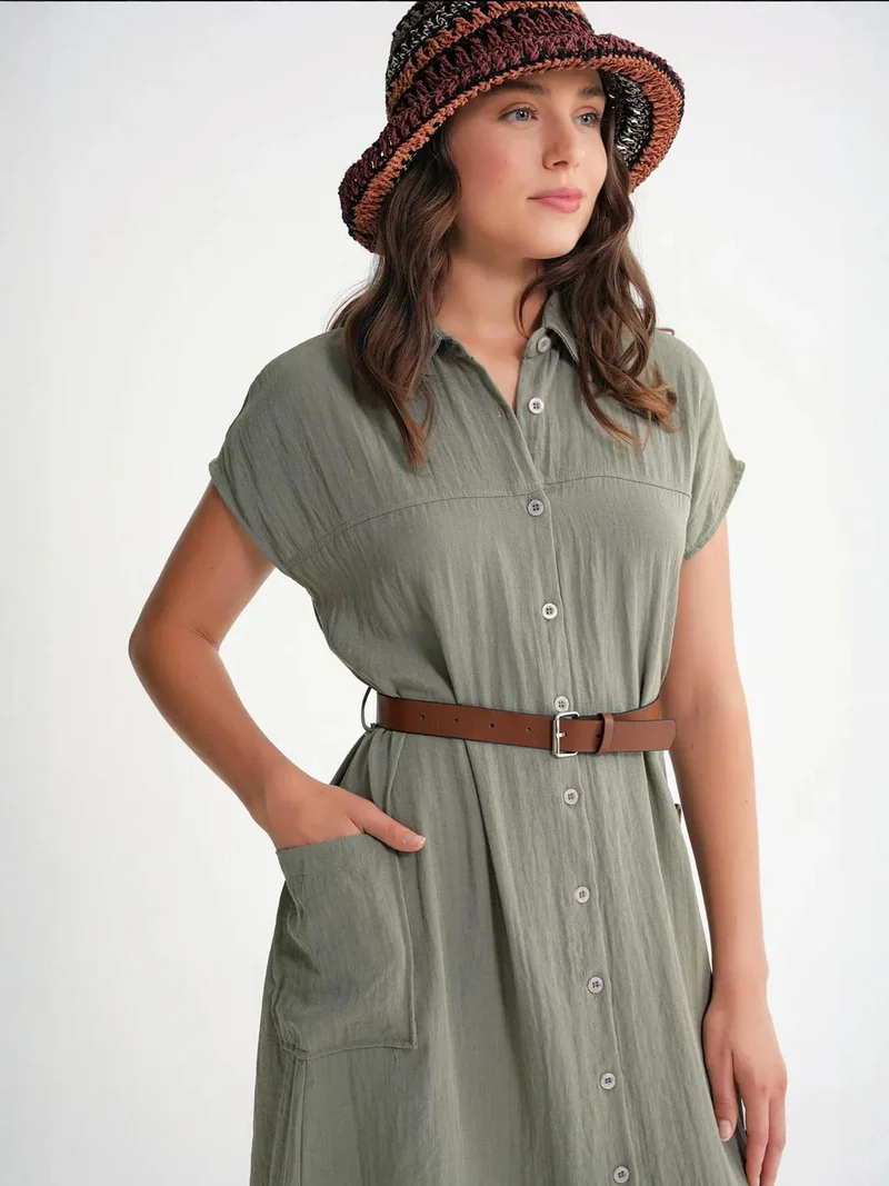 MixRay Khaki Green Mixray Midi Dress with Belt Detail and Buttoned Collar for Women | Best Price UAE