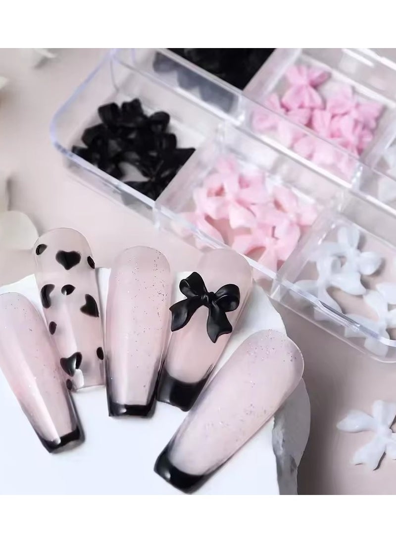 Goolsky 6 Grids Pink White Ribbon Bow Nail Charms Korean Parts Black Nail Art Tie Decoration Kawaii Accessories Manicure Design Supplies  - Image 3