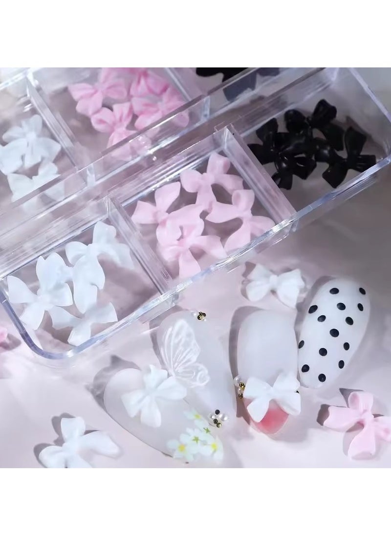 Goolsky 6 Grids Pink White Ribbon Bow Nail Charms Korean Parts Black Nail Art Tie Decoration Kawaii Accessories Manicure Design Supplies  - Image 4