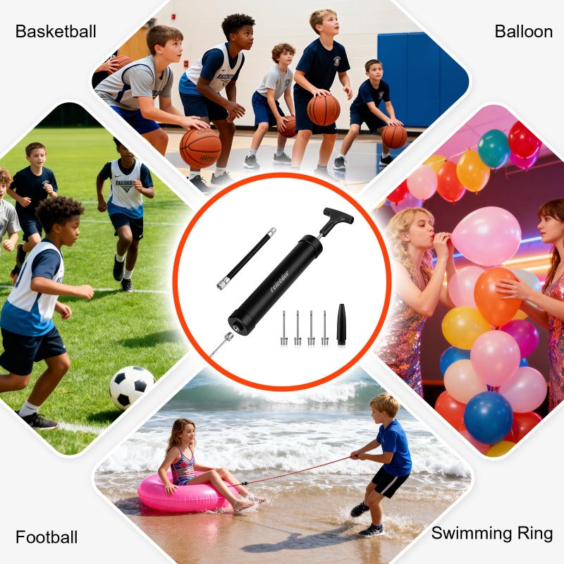 releeder 10 Inch Ball Pump Kit, Basketball Pump, Portable Air Pump with 5 Needles, 1 Nozzle & Extension Hose for Soccer Football Volleyball Water Polo Rugby Exercise Sports Ball - Image 5