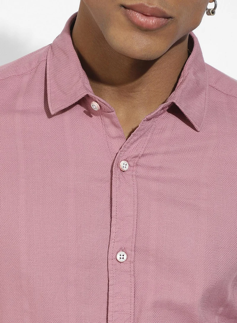 CAHOOT  Men's Coral Pink Self-Design Striped Shirt for Men | Best Price UAE