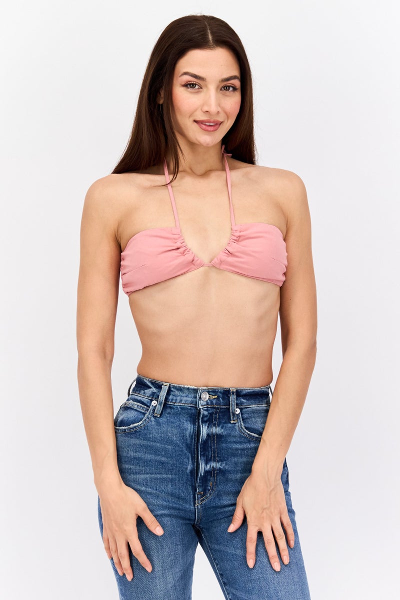 Asos Design Women Halter Neck Sleeveless Solid Crop Top, Peach - Image 1