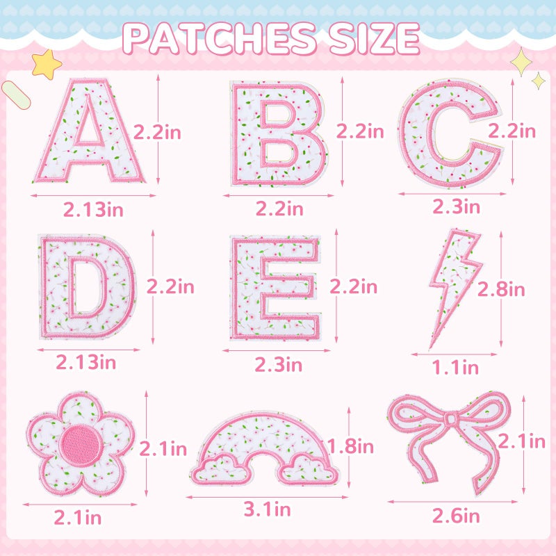 FOGWOWO 72 Pcs Pink Floral Patches for Girls Self Adhesive Letter Patches Stick on Fabric Stickers for Clothes,Include 52 A-Z Embroidered Letter Patch,20 Rainbow Flower Bowknot Sew on Patch for Backpack Dress - Image 2