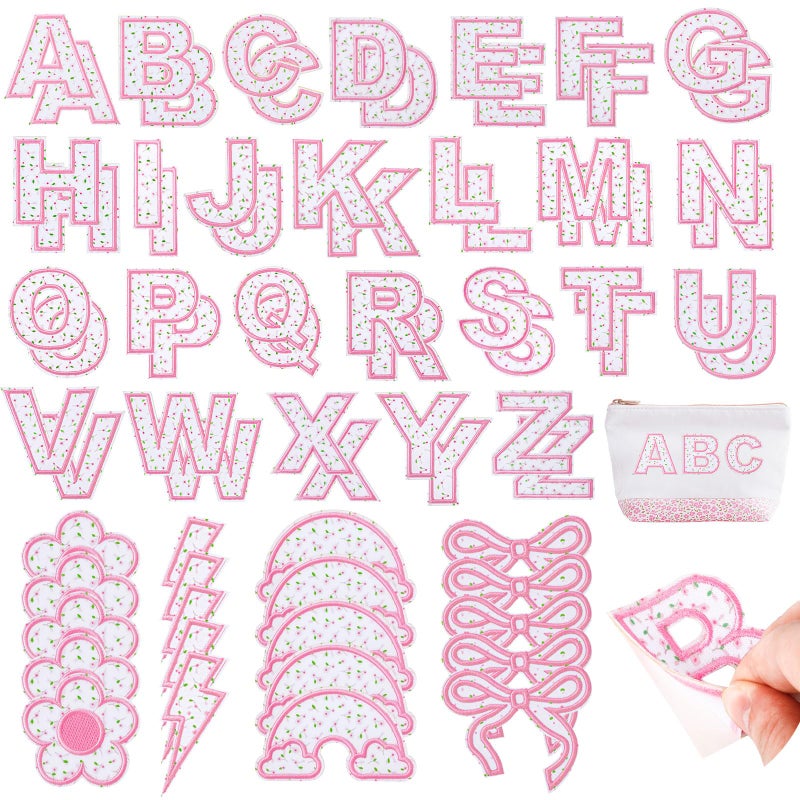 FOGWOWO 72 Pcs Pink Floral Patches for Girls Self Adhesive Letter Patches Stick on Fabric Stickers for Clothes,Include 52 A-Z Embroidered Letter Patch,20 Rainbow Flower Bowknot Sew on Patch for Backpack Dress - Image 1