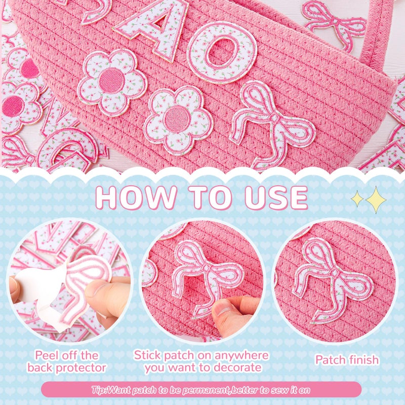 FOGWOWO 72 Pcs Pink Floral Patches for Girls Self Adhesive Letter Patches Stick on Fabric Stickers for Clothes,Include 52 A-Z Embroidered Letter Patch,20 Rainbow Flower Bowknot Sew on Patch for Backpack Dress - Image 3