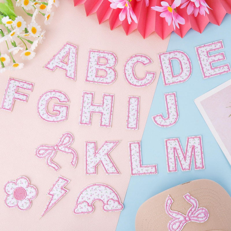 FOGWOWO 72 Pcs Pink Floral Patches for Girls Self Adhesive Letter Patches Stick on Fabric Stickers for Clothes,Include 52 A-Z Embroidered Letter Patch,20 Rainbow Flower Bowknot Sew on Patch for Backpack Dress - Image 4