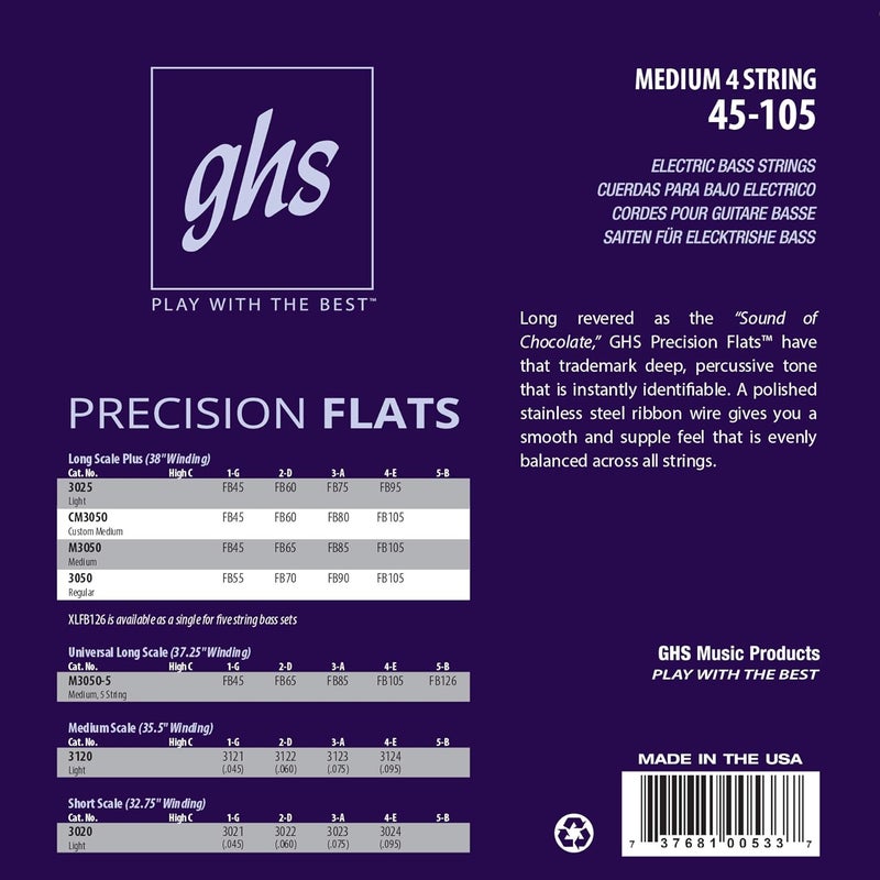 GHS Strings M3050 4-String Bass Precision Flats, Stainless Steel Flatwound Bass Strings, 38" Winding, Medium (45-105) - Image 2