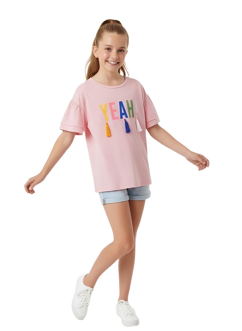 WiNi BEE Cute Pink Girls T-Shirt with “YEAH” Print & Tassel Trim, Short Sleeve Casual Top for Ages 8-10-12-14-16 Years - Image 2